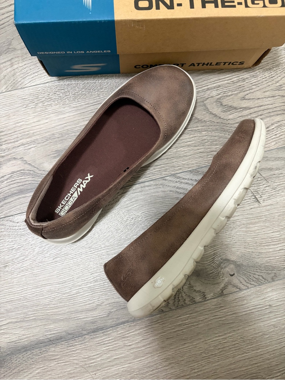 Skechers Brown Memory Foam Slip-On Flats with White Sole